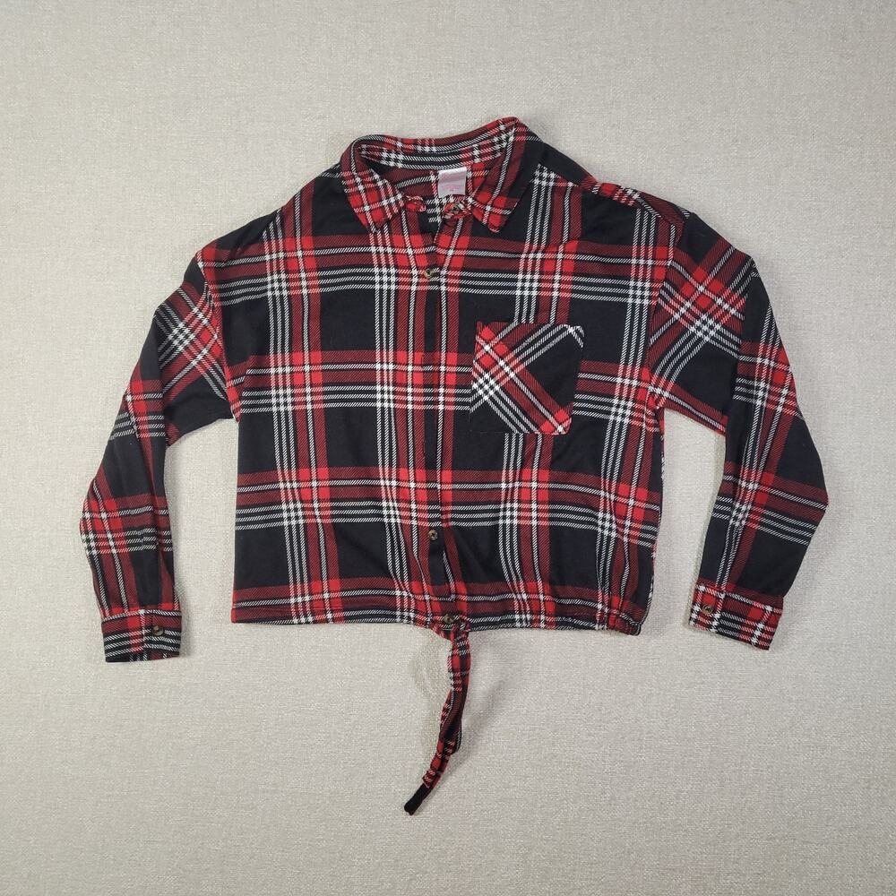 No Boundaries Red & Black Plaid Tie-Front Button-Down Shirt